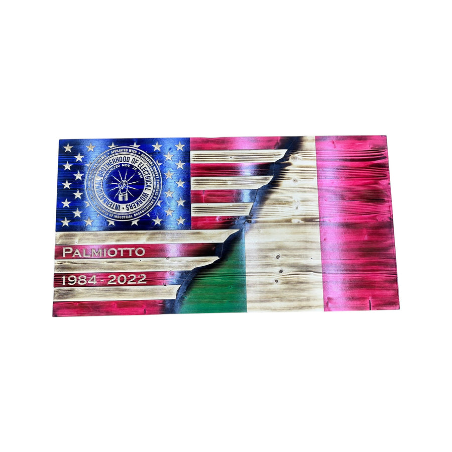 Personalized Split Wooden American Flag with Engraved Badge — product photo 11