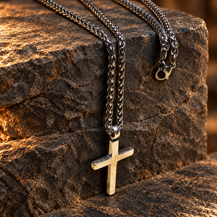 Classic Cross pendant and chain resting on rock