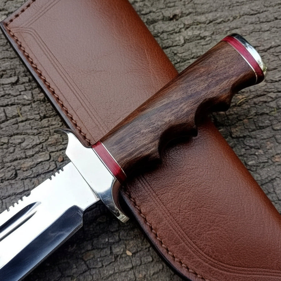 Rosewood Handle Fullered Alamo Bowie with Red Spacers