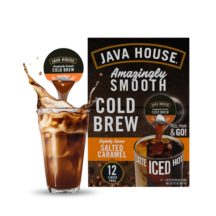 Salted Caramel coffee pod carton beside iced coffee
