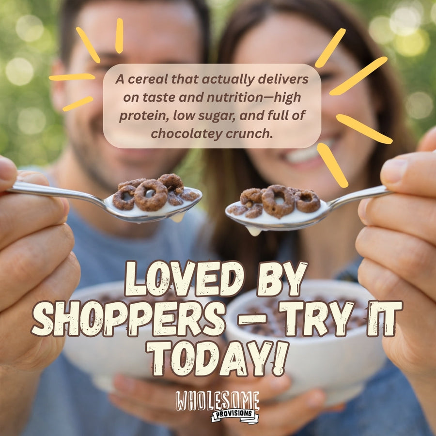 Cocoa Protein Cereal: people holding cereal bowls with testimonial text.