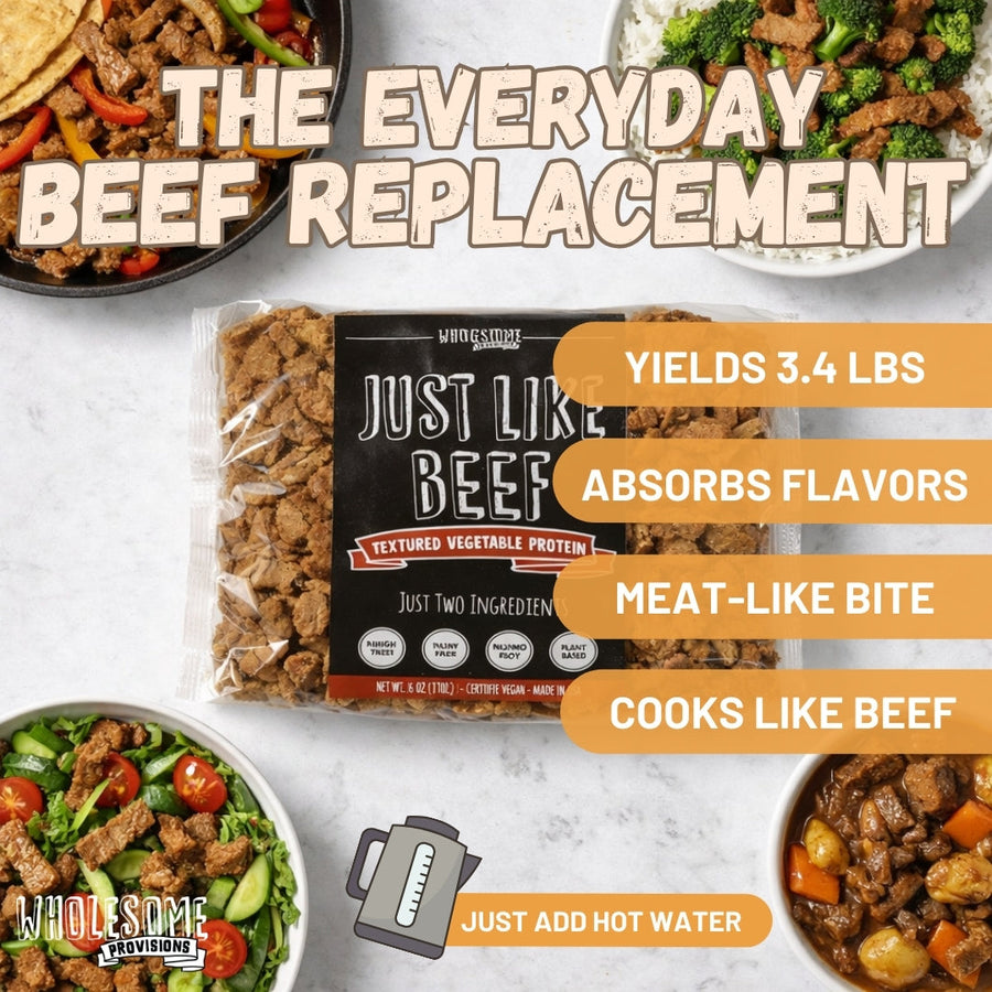 Just Like Beef Vegan Soy Protein: bag with prepared meal ideas.