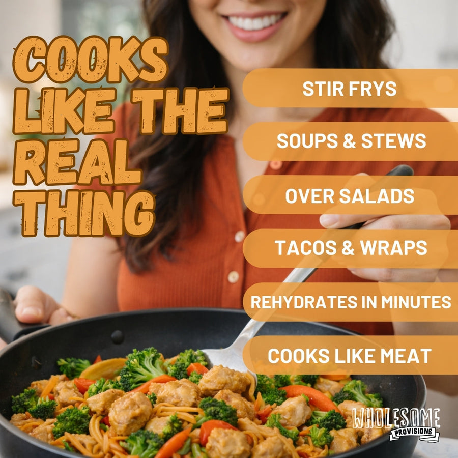 Just Like Chicken Vegan Soy Protein: person cooking a stir-fry.