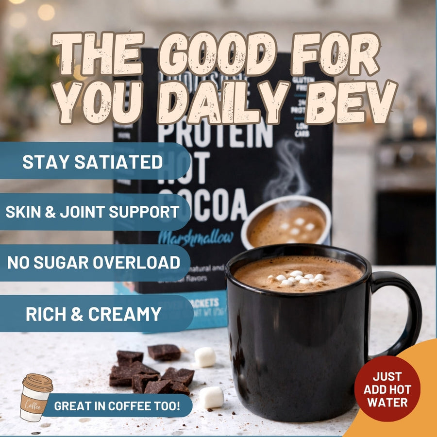 Marshmallow Protein Hot Chocolate: mug of prepared hot cocoa.
