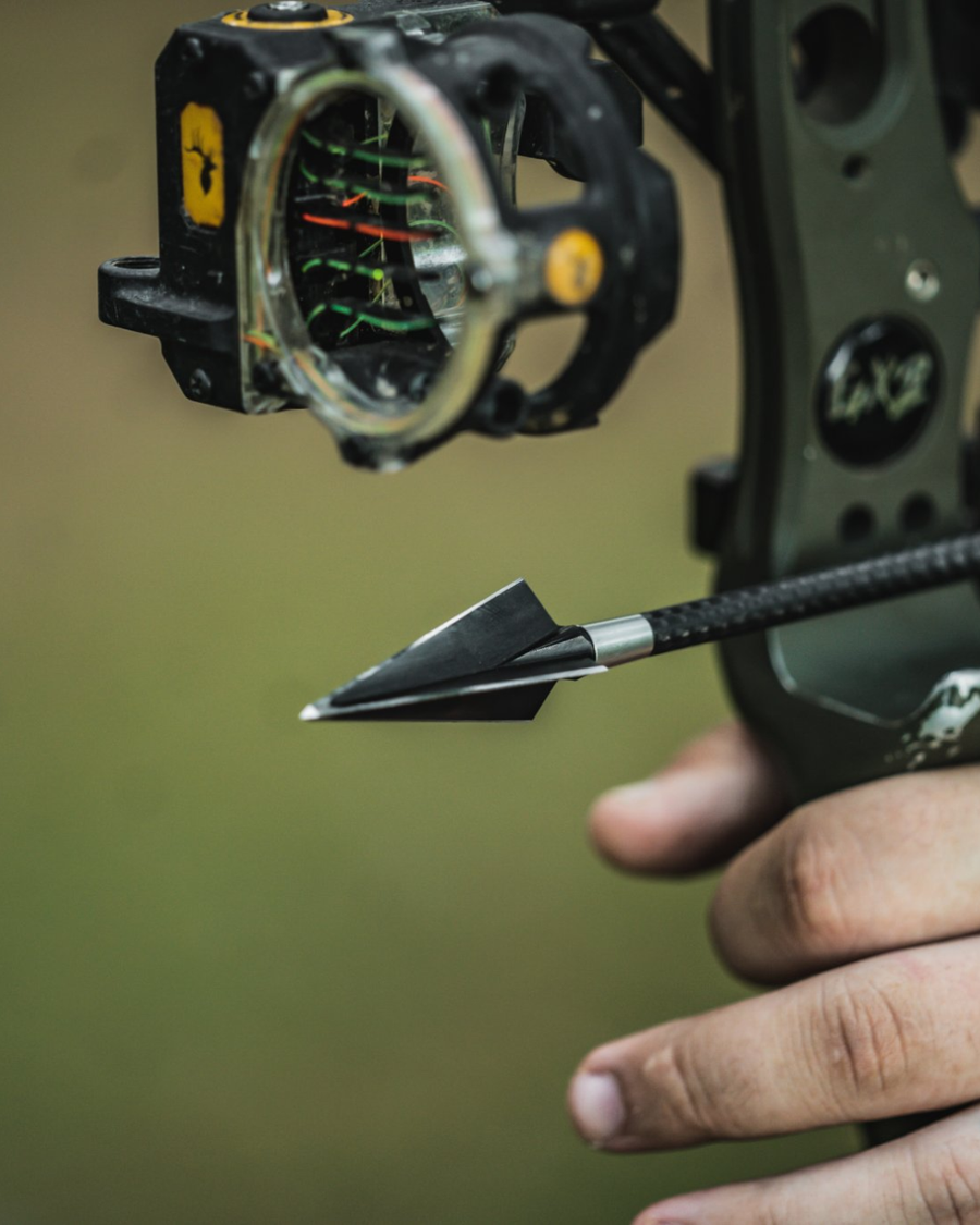 Three-blade broadhead on an arrow resting on a bow