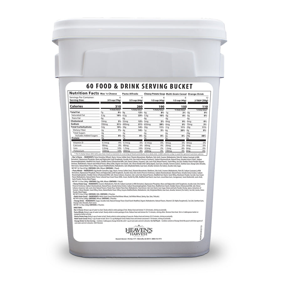 Starter food and drink bucket nutrition panel