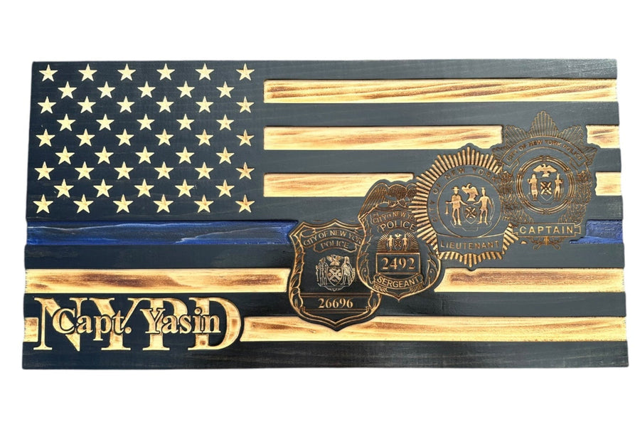 Personalized Thin Blue Line Wooden Police Flag with Engraved Badge — product photo 9