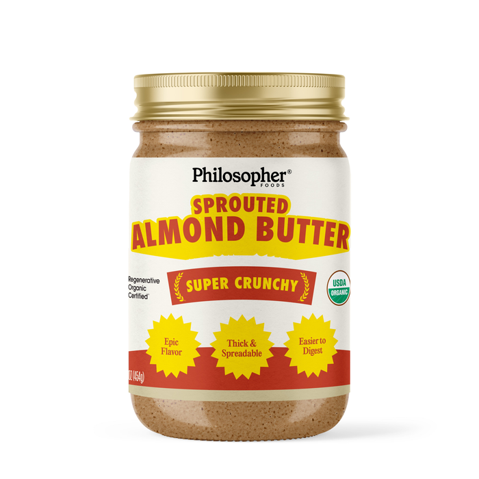 Naked Crunchy sprouted almond butter, front of the 16 oz jar