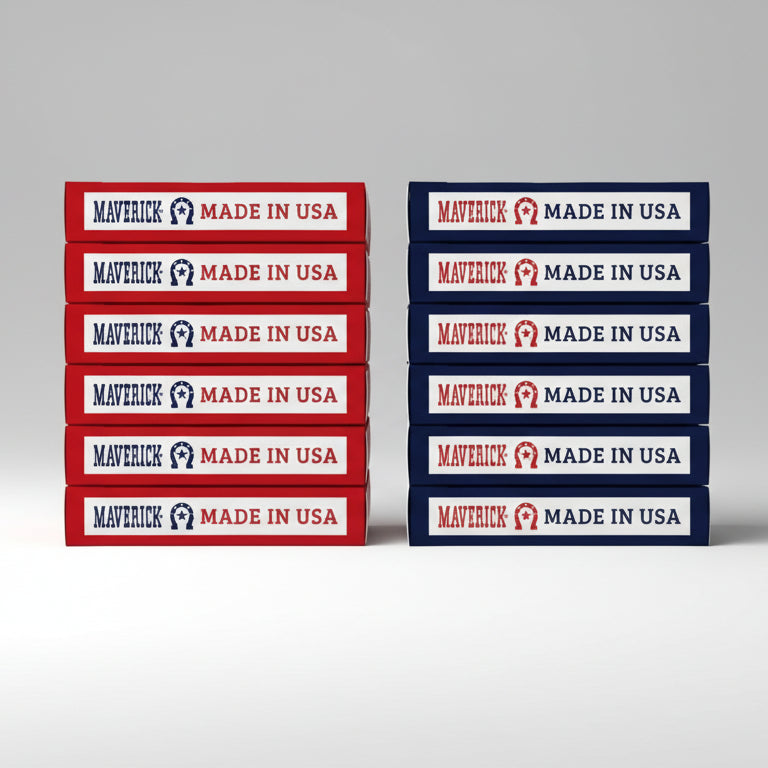 Twelve Maverick decks arranged in two stacks with Made in USA side panels