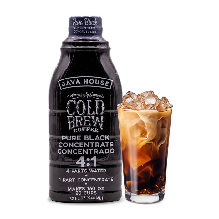 Pure Black 4:1 concentrate bottle beside iced coffee