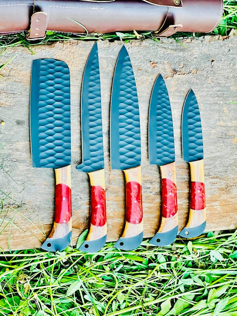 Best Japanese Kitchen Knife Set – 13" Forged Stainless Steel Chef Knife with Olivewood & Resin Handle + Leather Sheath