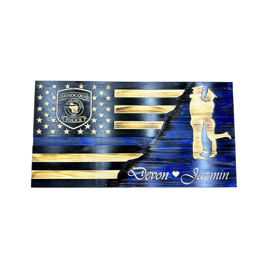 Personalized Split Wooden American Flag with Engraved Badge — product photo 13
