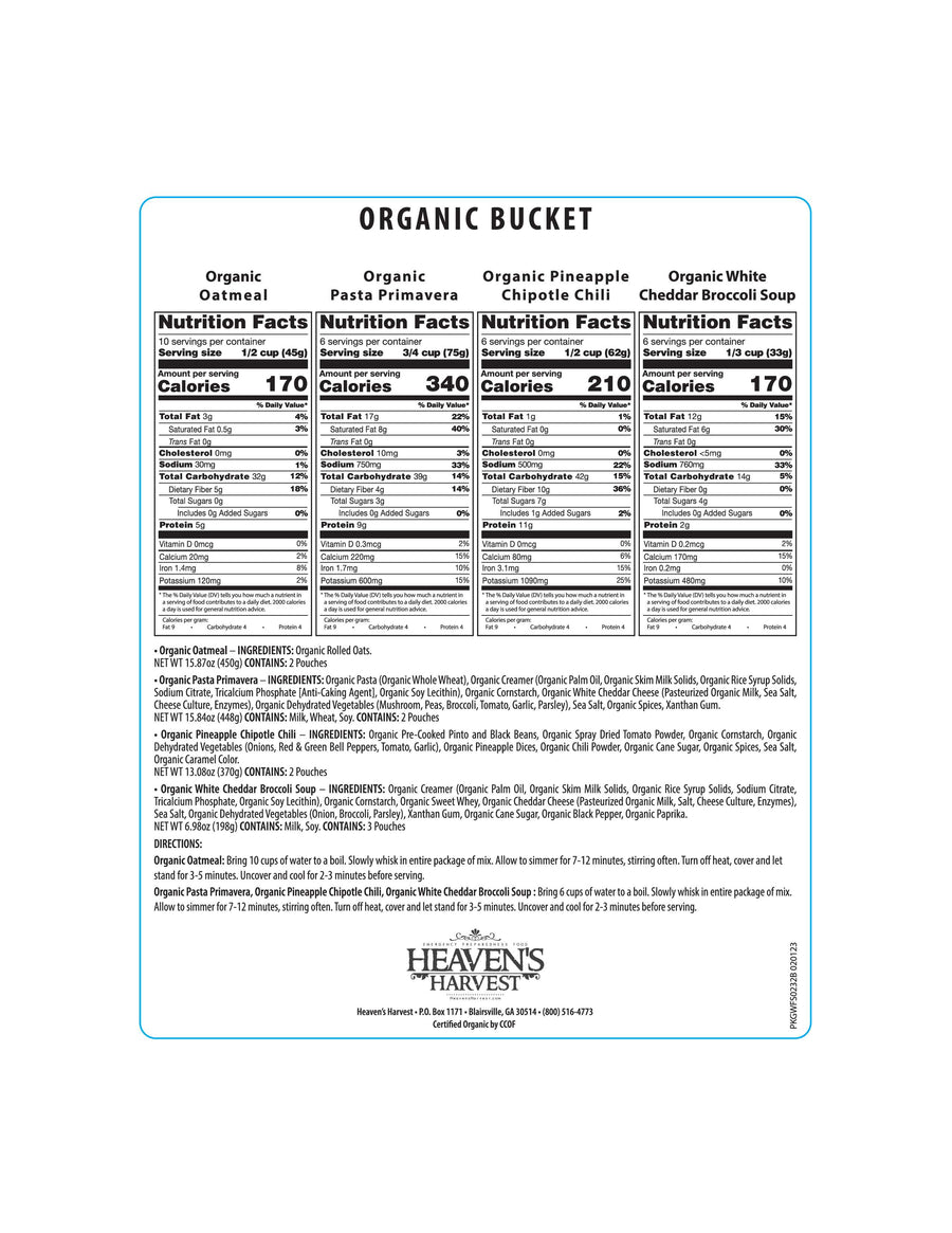 Organic meal bucket nutrition and ingredient information