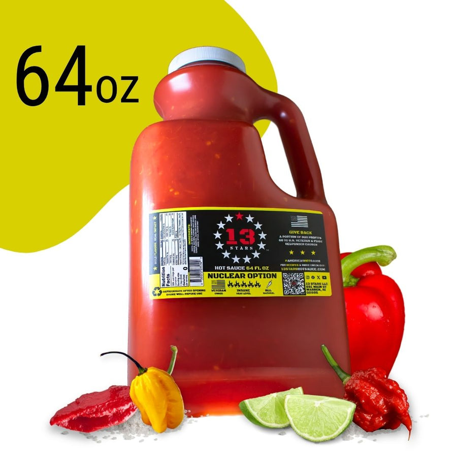 Nuclear Option 64 oz hot sauce jug with peppers and lime