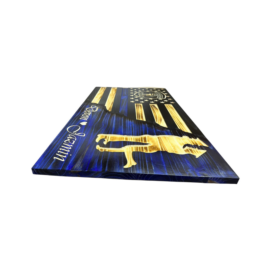 Personalized Split Wooden American Flag with Engraved Badge — product photo 12
