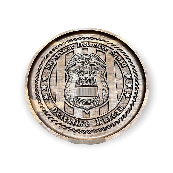 Round wooden tray with engraved detective badge