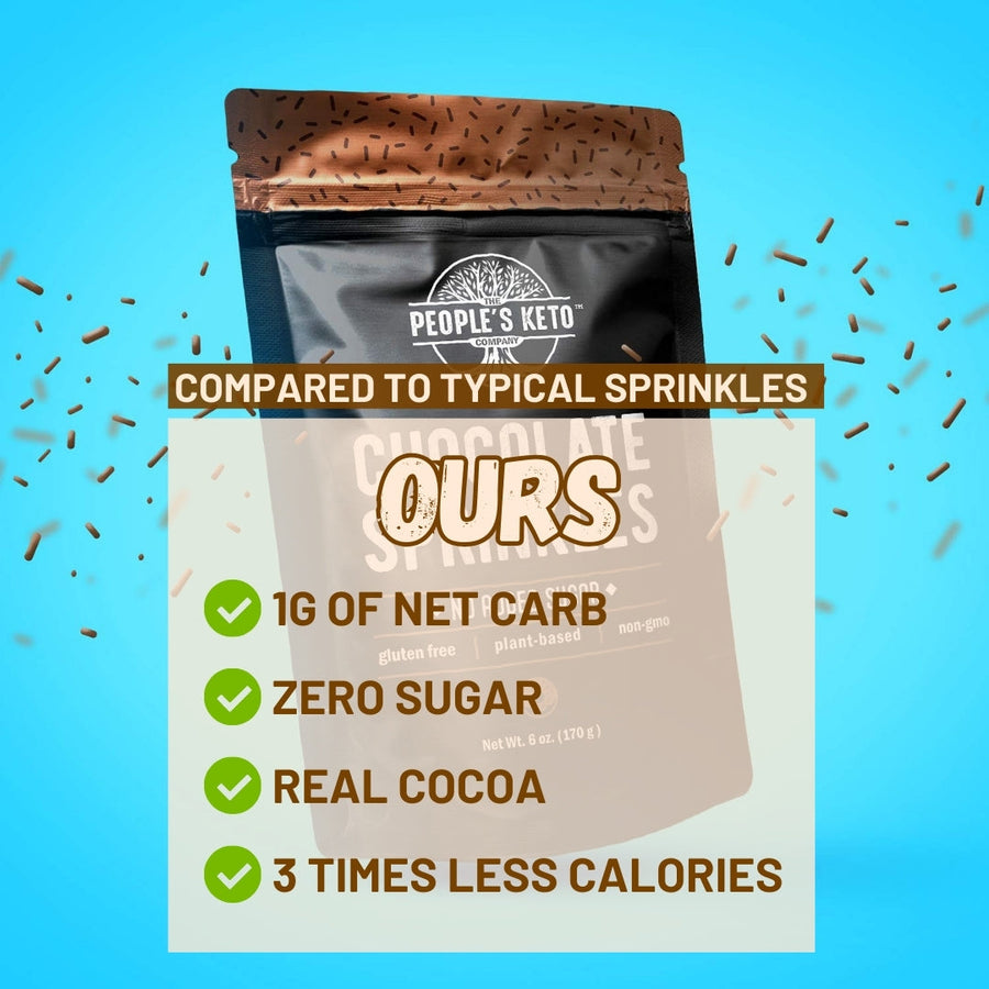 Chocolate Keto Sprinkles: pouch with comparison text.