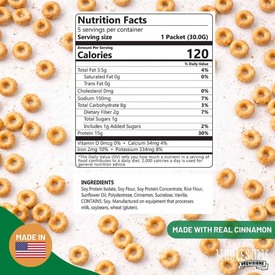 Cinnamon Protein Cereal: Nutrition Facts and ingredient graphic.