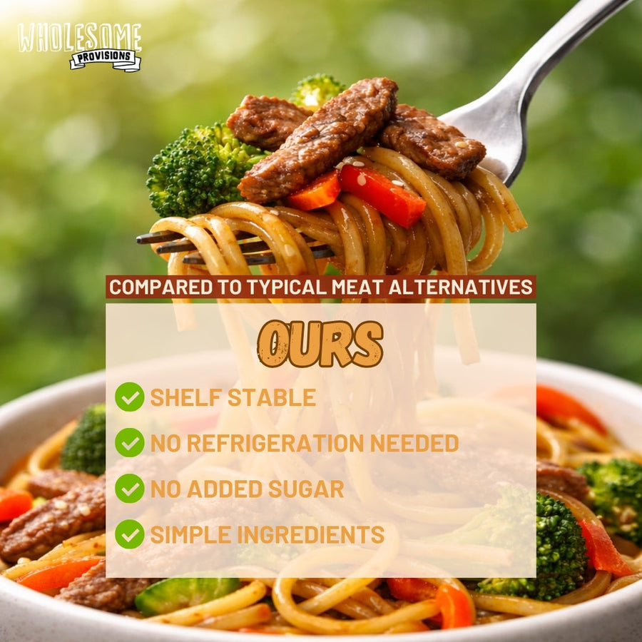 Just Like Beef Vegan Soy Protein: prepared pasta dish with comparison text.