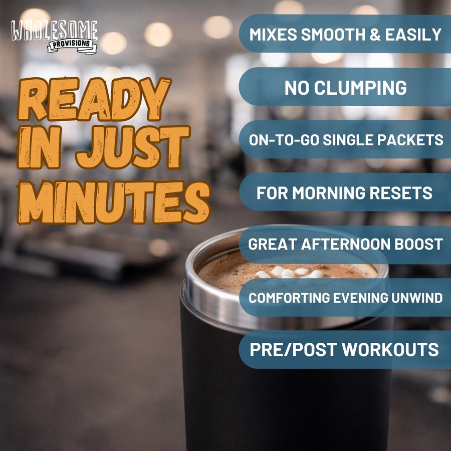 Marshmallow Protein Hot Chocolate: mug with preparation feature graphic.
