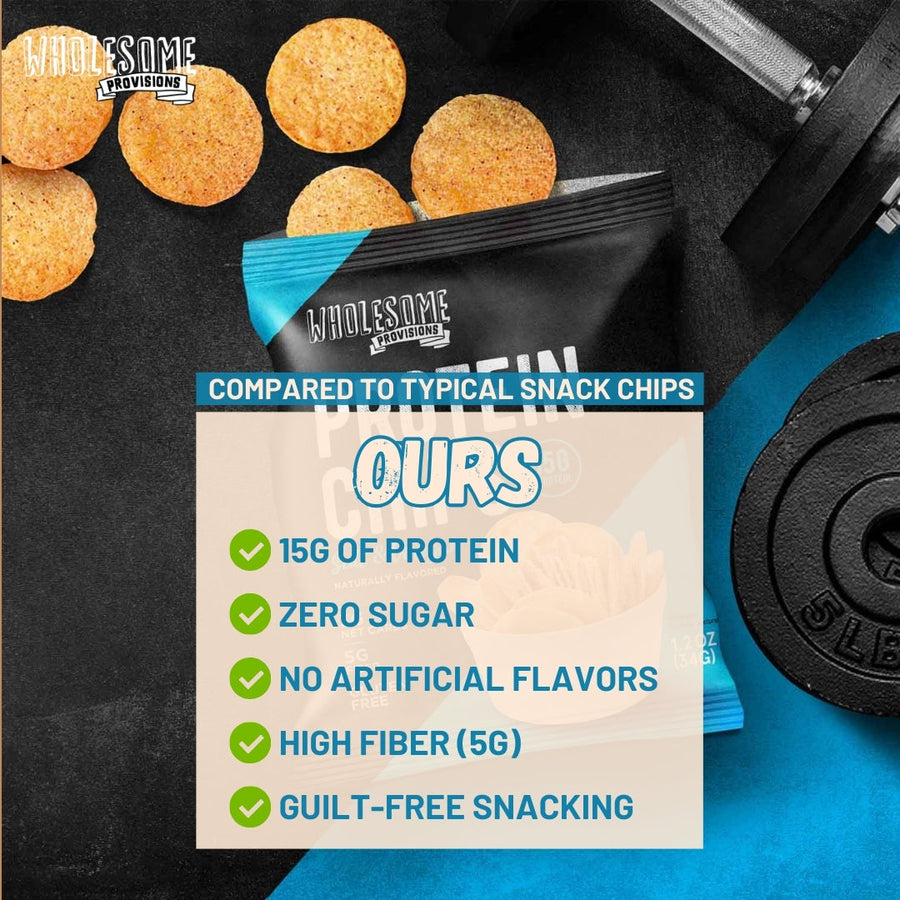 Sea Salt & Vinegar Protein Chips: chips with comparison text.