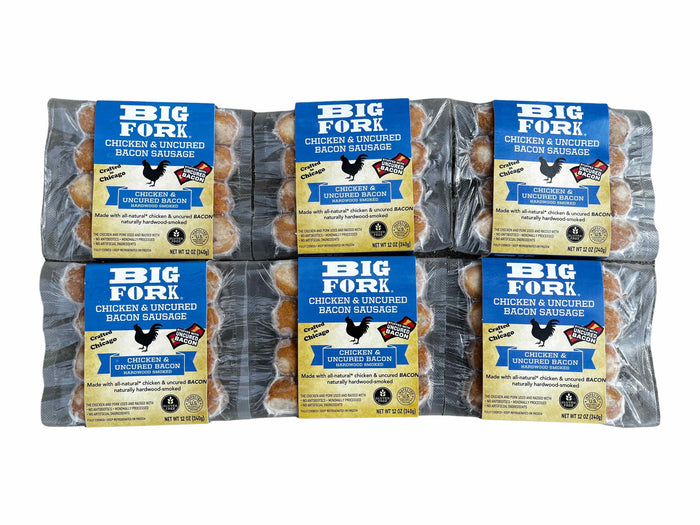 Six Chicken & Bacon sausage packs arranged together