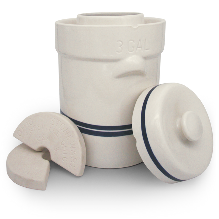 Three-gallon water-seal crock shown with a cover and weights; this listing supplies the body only