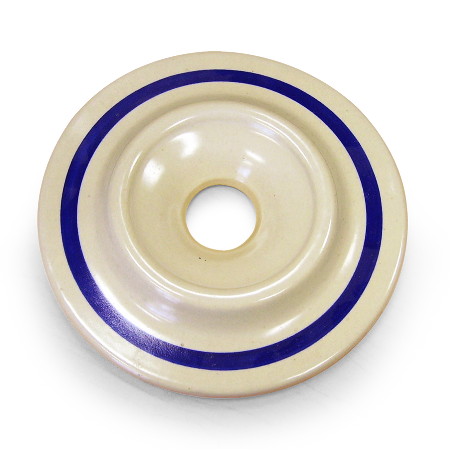 Underside of the blue-striped churn replacement lid showing the center opening