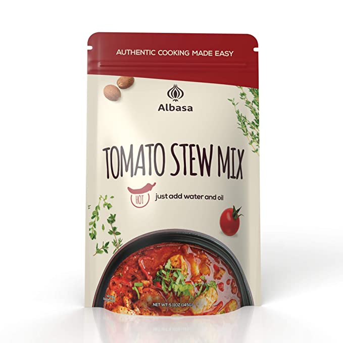 Hot tomato stew mix pouch, front label