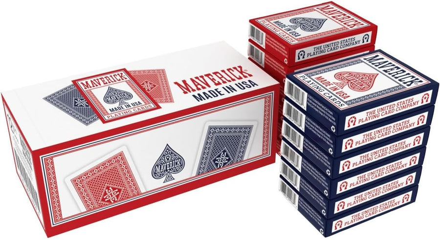 Maverick twelve-deck carton with red and blue tuck boxes