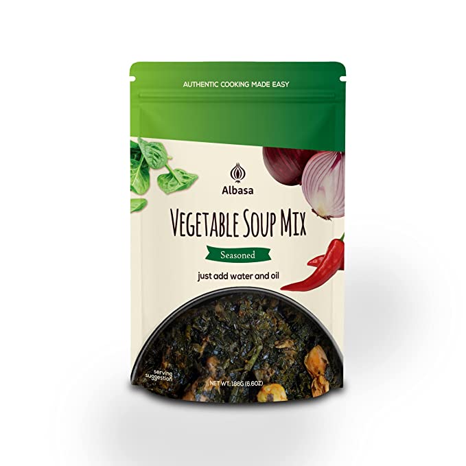 Seasoned Edikaikong vegetable soup mix pouch, front label