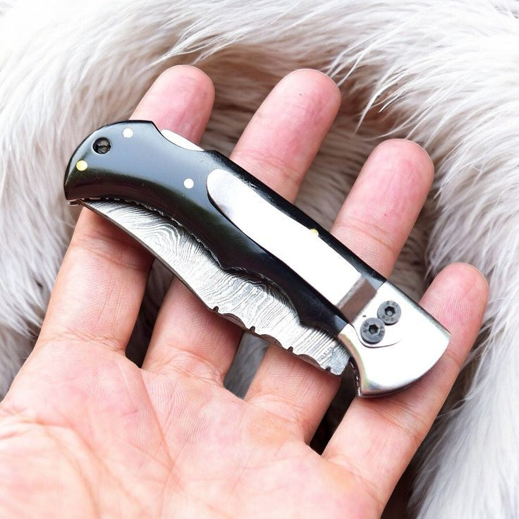 Damascus Pocket Clip Knife – Buffalo Horn Handle product photo