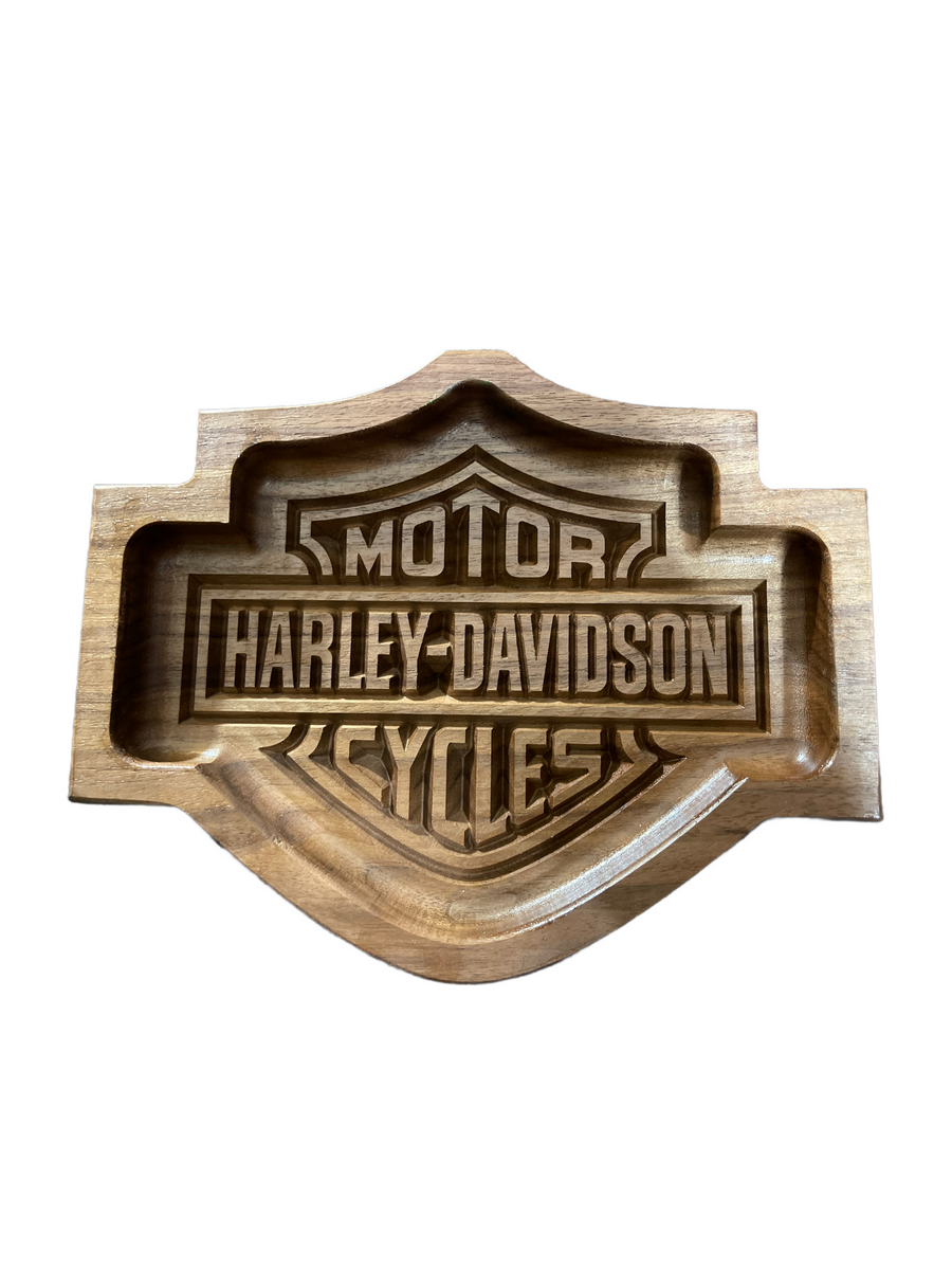 Shield-shaped tray with motorcycle-logo engraving