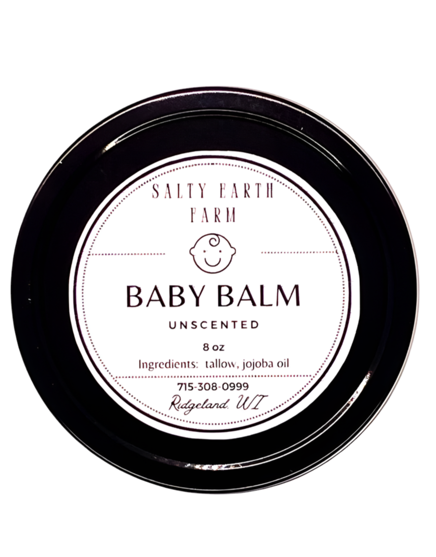Salty Earth Farm unscented Baby Balm lid showing tallow, jojoba oil and an 8 oz label