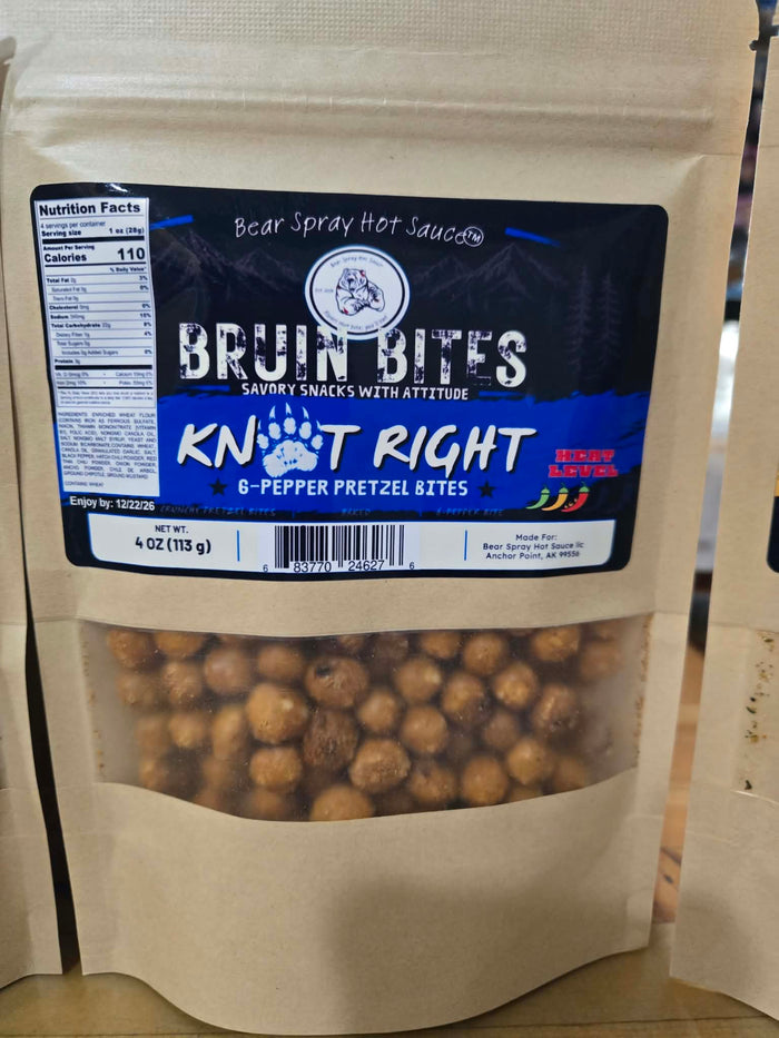 Knot Right 6-pepper pretzel bites in a kraft pouch labeled 4 oz