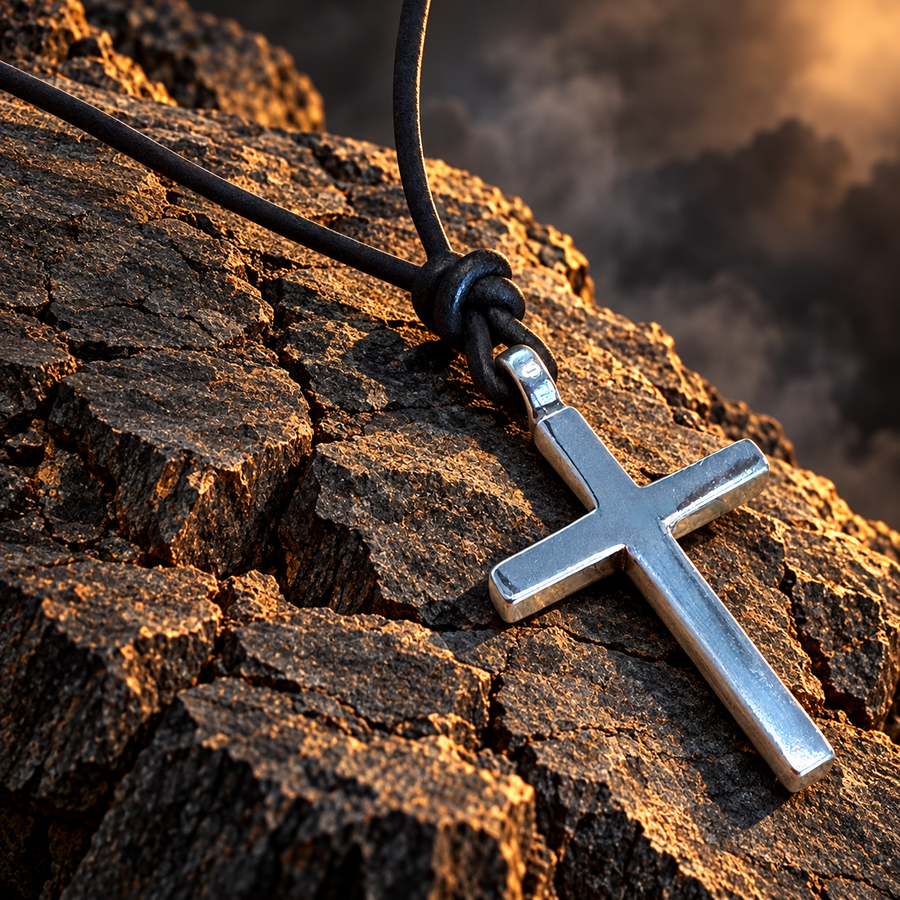 Classic cross on black leather cord resting on rock