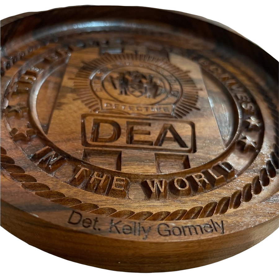 Close view of agency engraving and personalized name