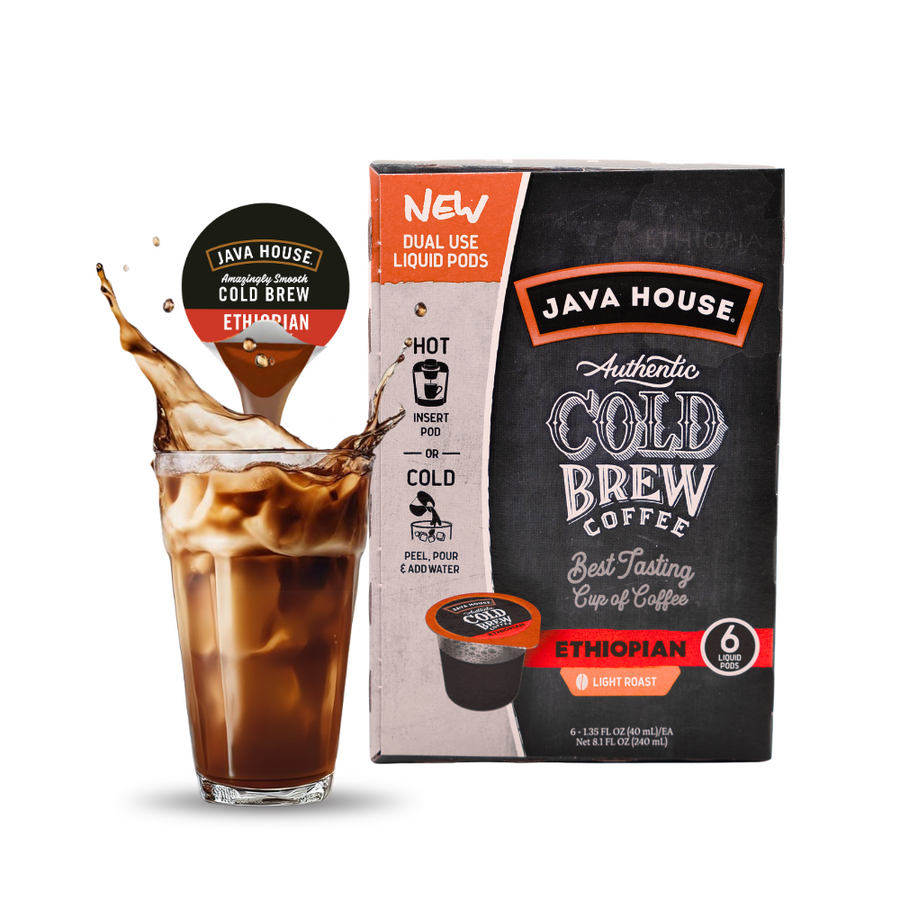 Ethiopian coffee carton and pod with iced drink