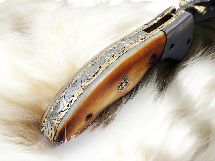 Handmade Damascus Folding Knife – Bone Handle, 3" Blade