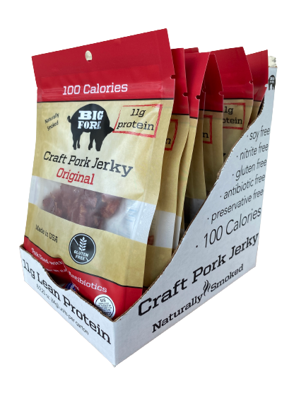 Display case of Original pork jerky bags