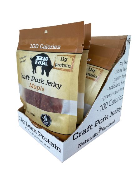 Display case of Maple pork jerky bags