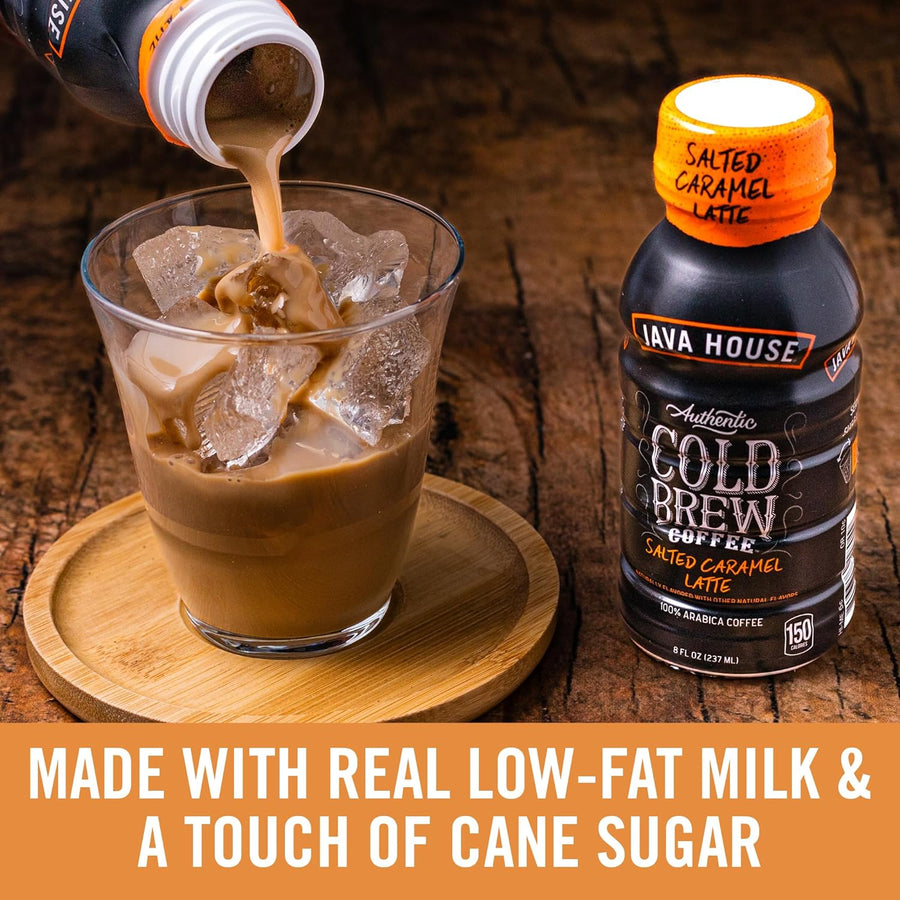 Salted Caramel latte poured over ice with milk-and-sugar message
