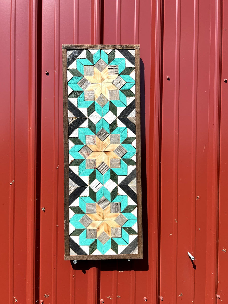Tall reclaimed-wood barn quilt banner with a hand-painted geometric star design