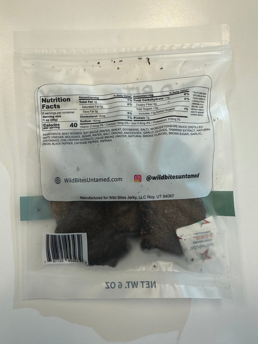Alpha Smoke beef jerky, back of the 6 oz pouch showing ingredients and nutrition