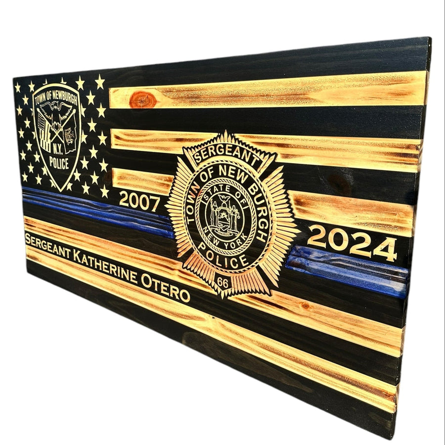 Personalized Thin Blue Line Wooden Police Flag with Engraved Badge — product photo 7