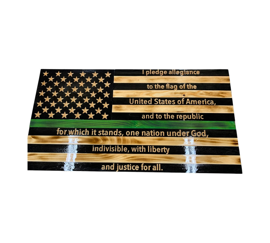 USA made wooden American flag with engraved stars and stripes