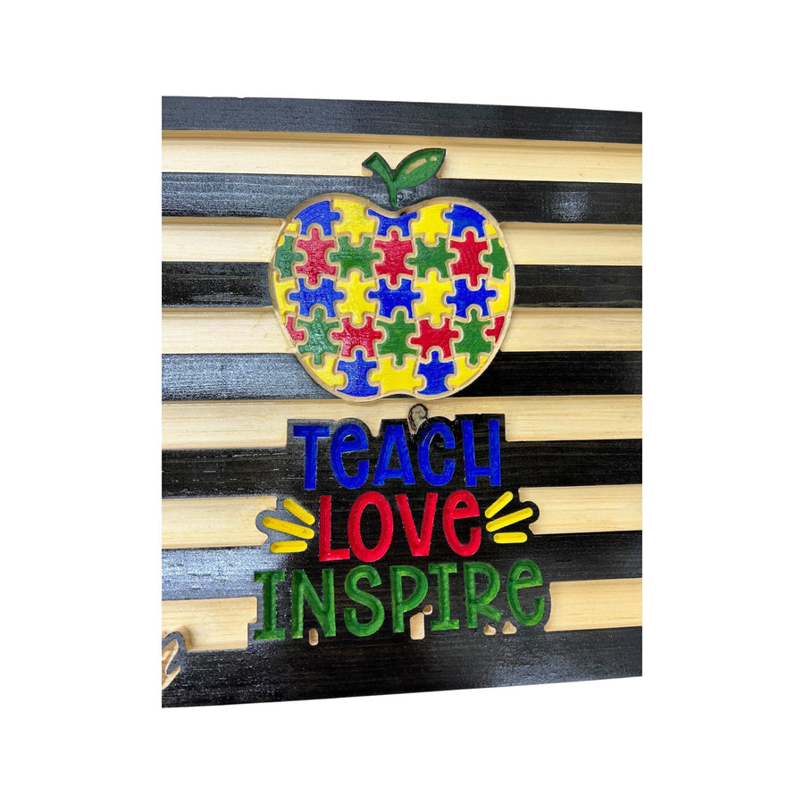 Red white and blue wooden American flag personalized for a teacher