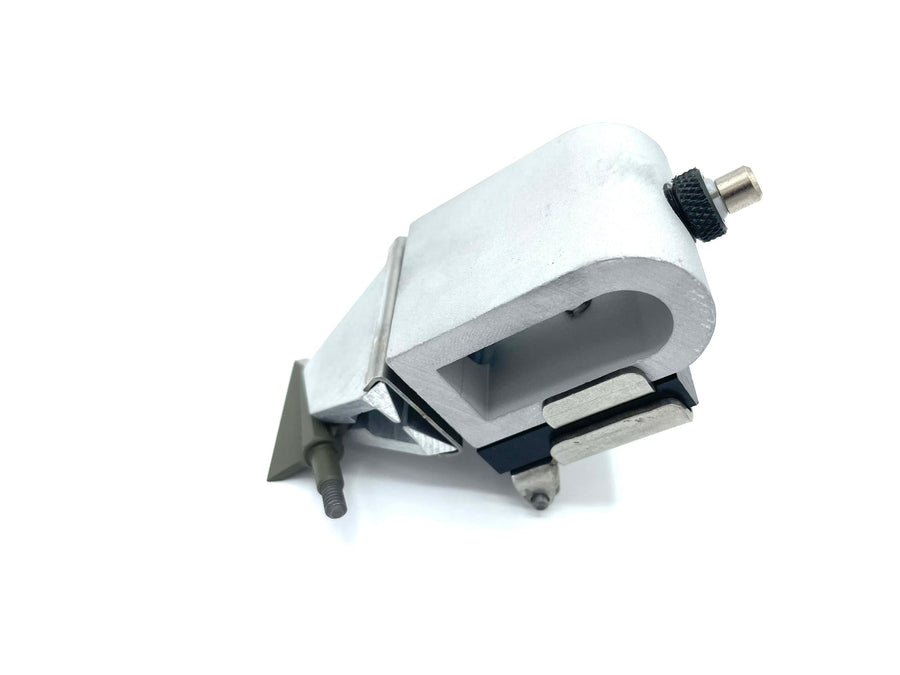 Close view of a broadhead clamped in KME Delta Jaws