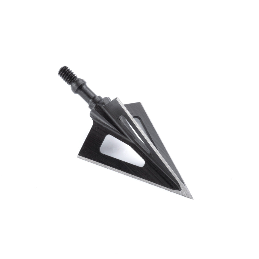 Wide vented three-blade broadhead with threaded shank