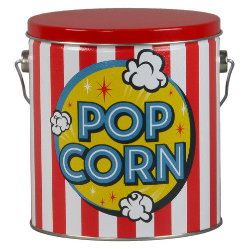 Red and white striped popcorn tin with a red lid